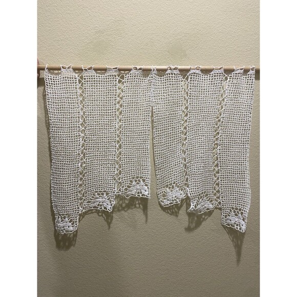 Vintage Handmade Crochet White Swag Valance Curtain Butterflies 2 Panels - Picture 1 of 7